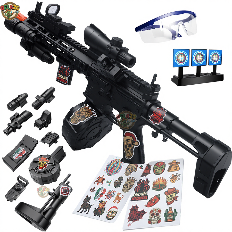 Kit Lanzador de Hidrogel M4 Juguete Incluye 30 000 bolas de gel con Blancos y Stickers  - Gelazo